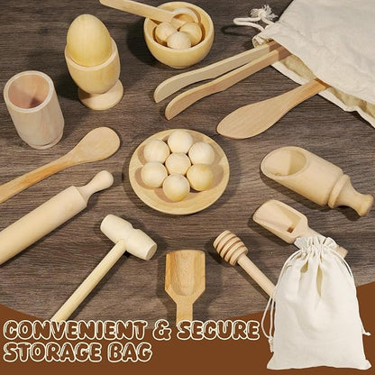 Hiawbon 25PCS Wooden Sensory Bin Tools, Wooden Tool Set, Sensory Bin Filler with Storage Bag, Bin Scoops Roller Tweezers Tongs Cups for Counting Sorting Hammering Pounding