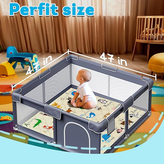 Baby Play Mat，Thick Soft 47" X 47" Playpen mat, Non-Slip and Machine Washable Baby Play Mats for Floor，Crawling Mat for Babies, Toddlers & Infants to Play and Learn (Beige Animal)