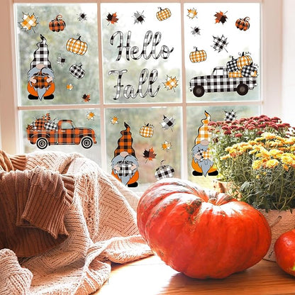 Whaline 9 Sheet Fall Halloween Window Clings Plaid Gnome Pumpkin Truck Maple Leaf Reusable Window Decals for Autumn Thanksgiving Harvest Party Home School Decor