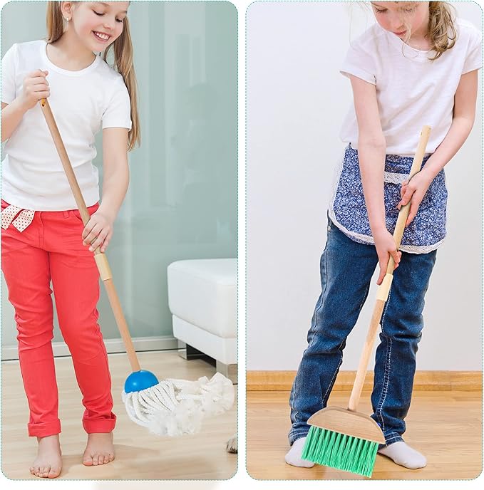Kids Cleaning Set with Electric Vacuum Cleaners, Wooden Pretend Play Housekeeping Set, Toddler Cleaning Toys for Girls Boys Age 3+
