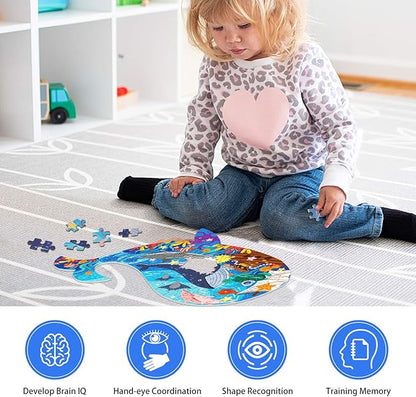 Jigsaw Puzzles for Kids Ages 4-8, 108 Pieces Whale Shaped Cardboard Puzzles for Animal Lovers, Sturdy Floor Puzzles Box and Poster, Educational Toys Gift for Boys Girls, 23.38 x 14.72 Inch