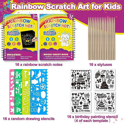 Scratch Art for Kids: 16 Pack Rainbow Scratch Paper Party Favors - Art Crafts Notebook Suitable for Birthday Gifts/School Crafts Kit/Classroom Prizes for Girls and Boys Aged 4-12
