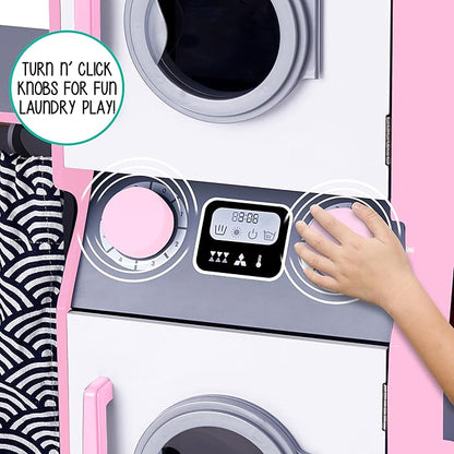 Lil’ Jumbl Kids Washer and Dryer Playset, Wooden Children's Pretend Laundry Set, Includes Broom, Dustpan, Iron, Hangers & Basket, Realistic Laundry Room for Kids - Pink