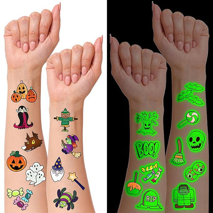 JOYIN 306 Pcs Halloween Glowing Temporary Tattoos for Kids, 42 Assorted Designs Bulk for Child Trick or Treat Game Gifts Halloween Party Favor Decorations Supplies Goodie Bags, Class Game Prizes
