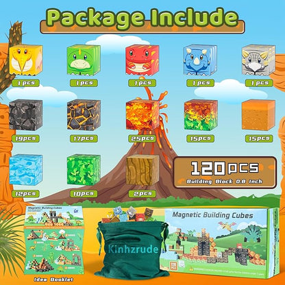 Magnetic Blocks - 120PCS Toy Build Set, Magnetic Building Blocks STEM Sensory Toys, Creative Kids Gift for 3+ Year Old Boys Girls (Dinosaur)