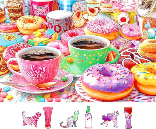 500 Pieces Puzzles for Adults Colorful Donuts Coffee Jigsaw Puzzle Letter on Back No Dust Difficult Unique Family Challenging Food Puzzles Gift Toy for Adults Seniors Perfect for Game Nights （23"x15"）