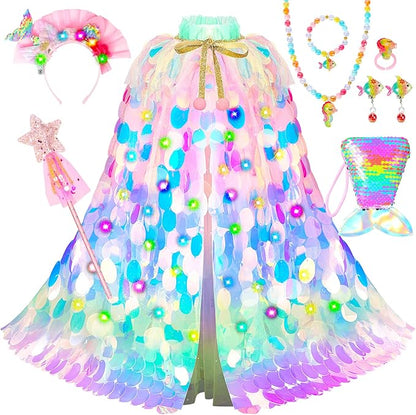 Princess Dress Up Toys Princess Dress Up Clothes Rainbow Mermaid Cape Kit 9 Pcs Gift Set for Little Girls 3-8 Years