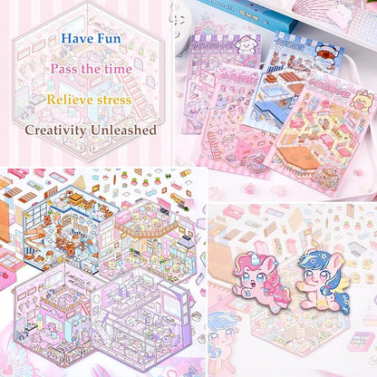 DIY 3D Sticker Scene 4 Sets of Reuseable and Waterproof Stickers Make Your Own Shop Scenes Sticker Cute Miniature Cartoon Stickers for Kids Adult