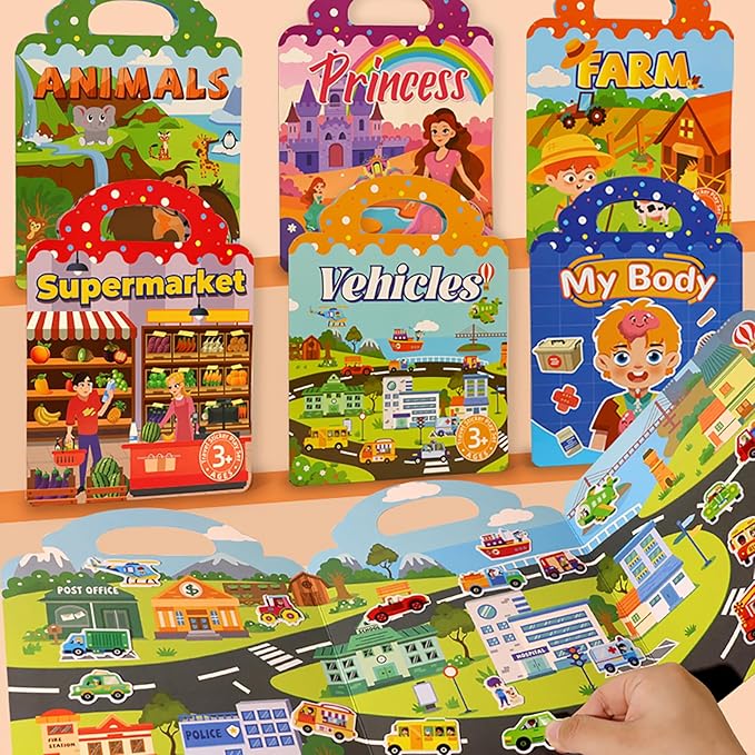 ASTARON 3 Set Reusable Sticker Book for Kids, 3D Stickers Portable Travel Toys and Educational Sensory Learning Toy Toddler Toys 3 4
