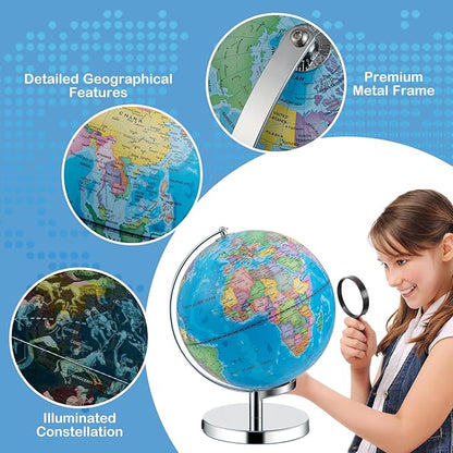 Nightcore World Globe for Kid Learning, 9'' Educational Classic World Globe with Metal Stand& Built-in LED Night Light, 88 Illuminated Constellations View, Desk Decoration Earth Map for School, Home, and Office