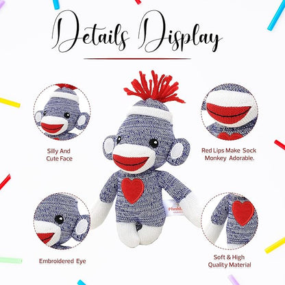 Adorable Sock Monkey 6 Inches, The Original Traditional Hand Knitted Stuffed Animal Toy Gift-for Kids, Babies, Teens, Girls and Boys Baby Doll Present Puppet (Blue)