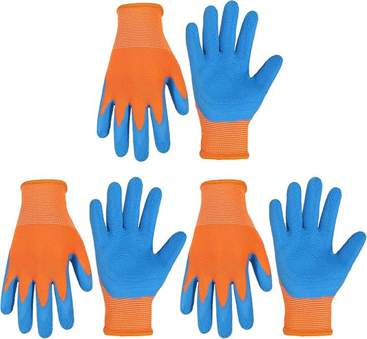 HANDLANDY 3 Pairs Kids Gardening Gloves Latex Free, Nitrile Coated Children Toddler Garden Yard Work Gloves for Little Girls Boys (Size M, Black-Orange)