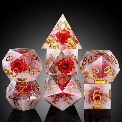 Flower D&D Dice ,DNDND Handmade Resin Sharp Edge Die with Gift Case for D&D Dungeons and Dragon Games (Red Flower)