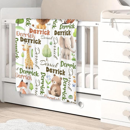 Personalized Baby Blanket for Girls Boys Kids Elephant Lion Bear Custom Baby Blanket with Name Throw Birthday Gift for Toddlers Infants Shower Newborns Nursery Stroller Crib Bed Decor