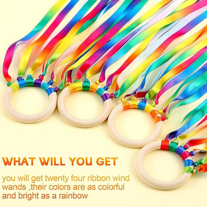 Junkin Ribbon Rings Hand Kite Waldorf Toys Dancing Wrist Ribbons Rainbow Streamers with Wood Ring Educational Toy for Playroom Dancing Birthday Party Gift(Gradient,24 Pcs)