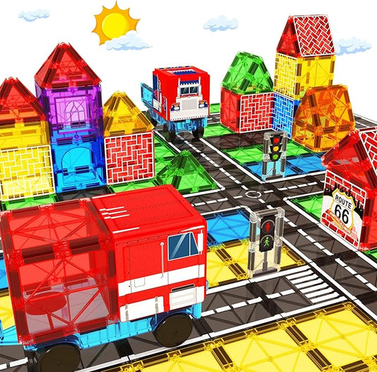 Magnetic Tiles Road Car Set, Toddler Magnetic Building Blocks Toys for 3 4 5 6 7 Year Old Boys Girls, Kids Montessori STEM Sensory Preschool Classroom Educational Learning Games Easter Birthday Gifts