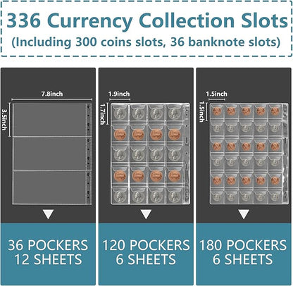 Coin Collection Book, Coin Holders for Collectors, 300 Pockets Fireproof Coins Album and 36 Paper Currency Binder Sleeves, Currency Organizer for Bill, Pennies, Stamp
