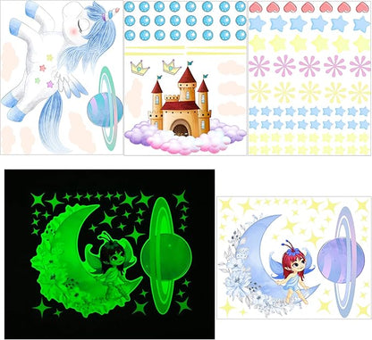 Glow in The Dark Fairy Unicorn Wall Decal Sticker, Girl Bedroom Star Rainbow Castle Princess Wallpaper Decoration, Glowing Moon Ceiling Decor