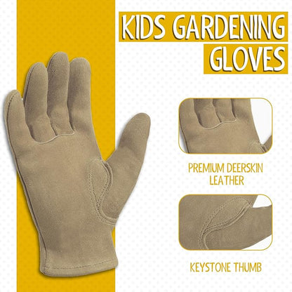 HANDLANDY Kids Genuine Leather Work Gloves for ages 3-11, Children Gardening Gloves for Boys, Girls (Large (age8-11), 2 pairs)