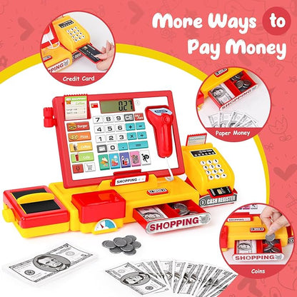 Cash Register for Kids with Scanner Realistic, Pretend Play Toy Cash Register with Fast Food/Fake Money/Credit Card/Calculator/Microphone Gift Ideas for Toddlers Girls Boys 3-5 4-8, Yellow