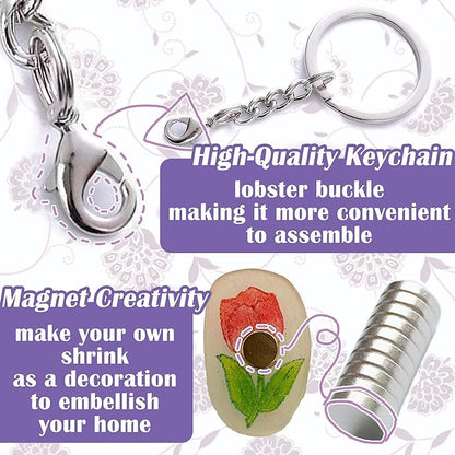 Vicentorra Shrinky Dink Sheets Keychain & Magnets Making Kit, Shrink Art Kit with 16 Plastic Sheets, Hole Punch, Pencils, Magnets, Tweezers, Keychains, Scissors, Paper Craft Kits