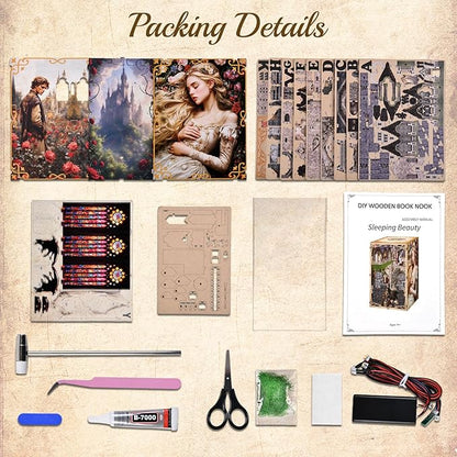 Book Nook Kit, DIY Scene Miniature House Kit Tiny House Mini Booknook Craft Bookshelf Decor, 3D Puzzles for Adults, Scale Model Building for Book Lovers (Sleeping Beauty)