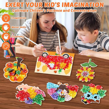 8PCS Poke-in Craft Art Kit Kids Fall Thanksgiving No-Mess Fabric Sewing Girl Boy 4-12 Puzzle Puncture Painting DIY Turkey Pumpkin Fall Harvest Toy Gift Creative Activity Game Birthday Party