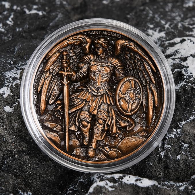 3Pcs Saint Michael Archangel Protection Coin, 1.57-Inch Double-Sided Zinc Alloy Collectible with Antique Finish, Featuring Saint Michael Prayer Christian Challenge Coin (Pack of 3)