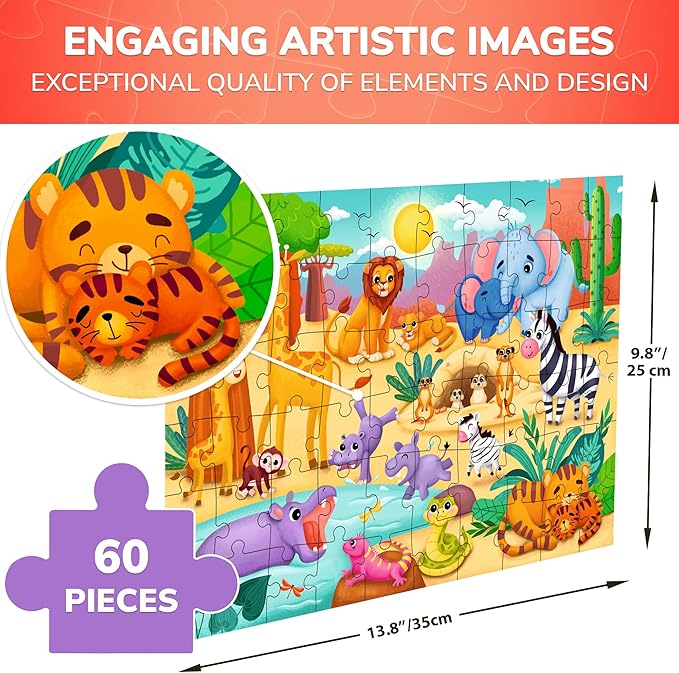 QUOKKA Puzzles for Kids Ages 4-6 – 60 Piece Jigsaw Puzzles for Toddlers Ages 3-5 with African Animals – Quiet Time Toy for Preschoolers 2-4 – FSC Certified Educational Learning Game for Boys and Girls