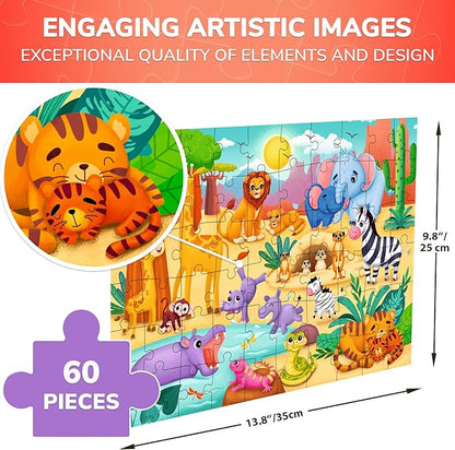 QUOKKA Puzzles for Kids Ages 4-6 – 60 Piece Jigsaw Puzzles for Toddlers Ages 3-5 with African Animals – Quiet Time Toy for Preschoolers 2-4 – FSC Certified Educational Learning Game for Boys and Girls