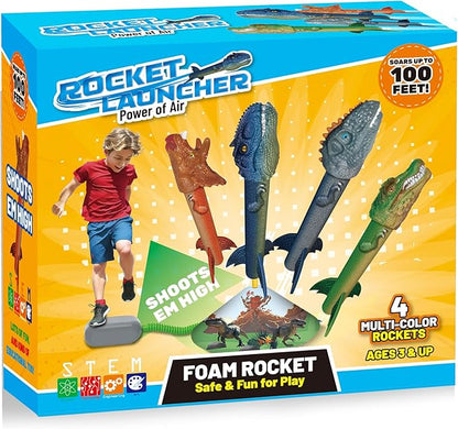 Dinosaur Rocket Launcher for Kids, 4 Rockets with Launcher Pad, Launch Up to 100 Ft, Dinosaur Toys for Kids, Outdoor Toys, Birthday Gifts for 3 4 5 6 7 Year Old Boys Girls