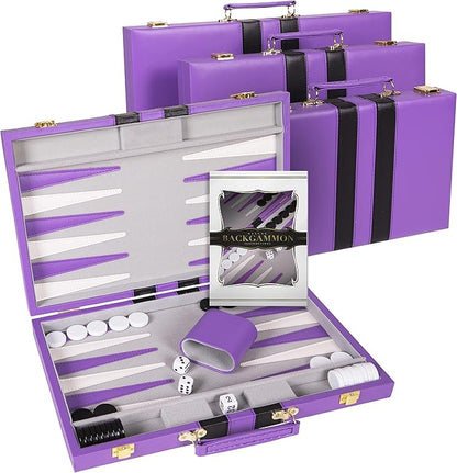Backgammon Set 15 inch, Large - Classic Board Game for Adults and Kids with Premium Leather Case - Includes Strategy & Tip Guide (Purple)
