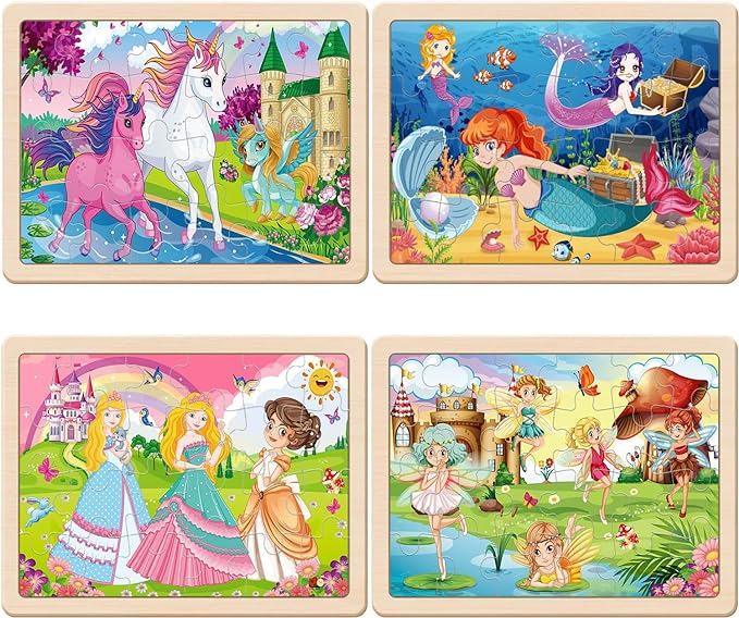 Wooden Puzzles for Kids Ages 4-6, 4 Packs 24 PCs Unicorn Mermaid Princess Fairy Jigsaw Puzzles, Preschool Educational Brain Teaser Toys for Girls 3 4 5 6 Years Old.