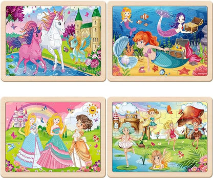 Wooden Puzzles for Kids Ages 4-6, 4 Packs 24 PCs Unicorn Mermaid Princess Fairy Jigsaw Puzzles, Preschool Educational Brain Teaser Toys for Girls 3 4 5 6 Years Old.