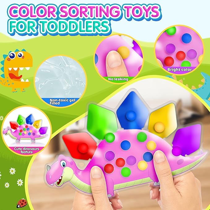 2PC Pink Dinosaur Color Sorting Sensory Toys, Montessori Toys for Toddler Girl Fine Motor Skill Game Learning Activities Quiet Calm Down Fidgets for Classroom Stocking Stuffers for 3 4 5 Year Old