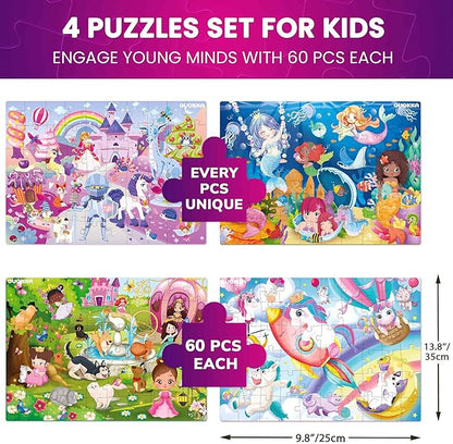 QUOKKA Puzzles for Kids Ages 4-6 - Set of 4x60 Jigsaw Puzzles for Toddlers 3-5 - Unicorn Princess Animals Toys for Children 6-8 yo - Gift Educational Game for Boys & Girls