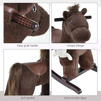 Qaba Kids Plush Ride-On Rocking Horse with Bear Toy, Children Chair with Soft Plush Toy & Fun Realistic Sounds, Brown