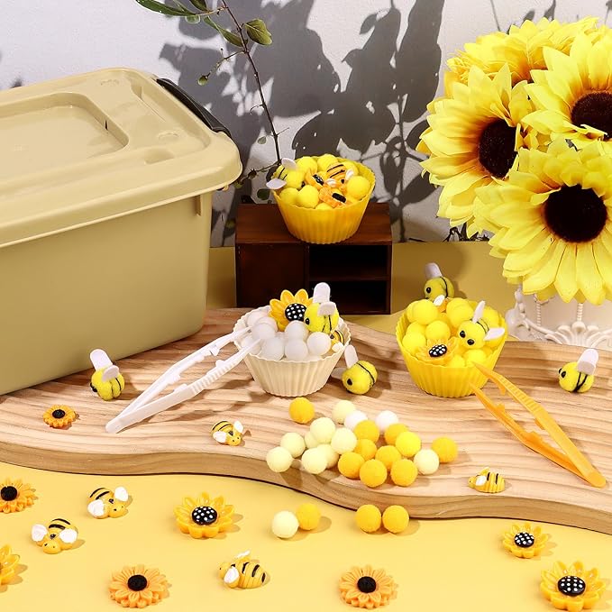 303Pcs Bee Sensory Bin Filler Fine Motor Toys Sunflower Counting Sorting 200 Felt Pompoms 40 Sunflowers 50 bees 6 Tweezers 6 Silicone Plates 1Storage Box for Counting Sorting DIY Crafts(Bee Sunflower)