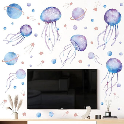4 Sheets Starry Sky Jellyfish Wall Sticker Glow in The Dark Wall Stickers Planet Blue Luminous Wall Decals DIY Peel Stick Art Decor for Walls Ceiling Kids Bedroom Living Room Nursery Girls and Boys (Blue)