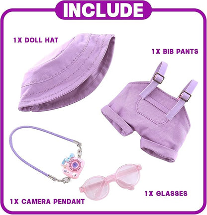 17cm Doll Clothes 4-Piece Dolls Accessories with Purple Overalls, Fisherman Hat, Glasses & Pendant Outfit for Plush Dolls – Accessories Only, No Doll Included