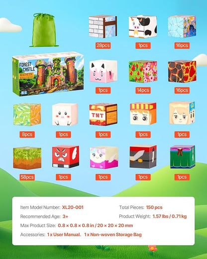 VEVOR Magnetic Blocks, 150 PCS Forest Castle Set, Magnetic Building Cubes for Kids, STEM Montessori Sensory Toys for Christmas Birthday Gift, Construction Stacking Toy for 3+ Years Old Boys & Girls