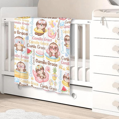 Personalized Baby Blanket for Girls Boys Kids Sloth Custom Baby Blanket with Name Throw Birthday Gift for Toddlers Infants Shower Newborns Nursery Stroller Crib Bed Decor