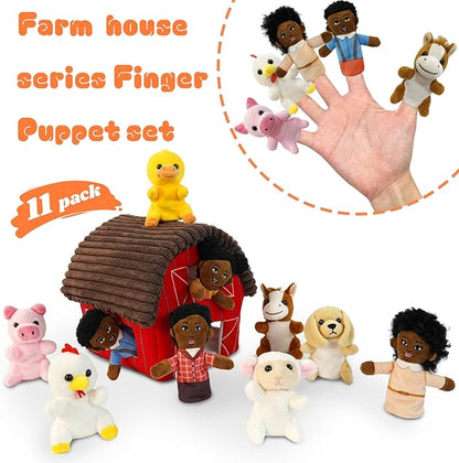 11 Pcs Finger Puppets Set Mini Toys, Soft Plush Animal Finger Puppet for Kids Mini Stuffed Animals with Farm House, Family Finger Puppets for Toddlers Storytelling Role-Playing Christmas School