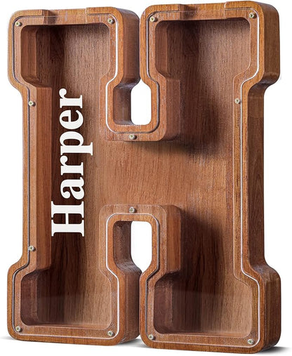 Summidate Customized Name Extra Large Wooden Piggy Bank for Kids Boys Girls Letter A-Z Coins Bills Money Change Bank Box Clear Cover (Laser Engraved) Educational Toys 12"- Letter H