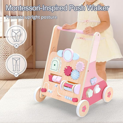 PairPear Wooden Baby Walker Push and Pull Learning Activity Walker, 8-in-1 Montessori Busy Board Push Walker Wooden Activity Center Toys for Boys and Girls 12m+ （Pink Rabbit）
