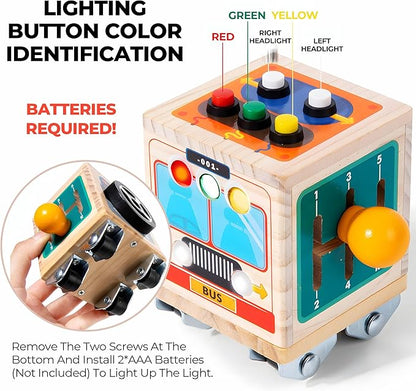 Wooden Activity Cube for Baby,Bus Busy Cube Montessori Travel Toys for Toddler 1 Year Old