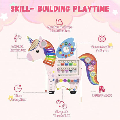 Unicorn Activity Wall Busy Board Panels - Sensory Wall Panel for Kids, Montessori Toddler Wall Activity Board, Wall Toys for Toddlers 3, Activity Cube, Perfect for Toddler Playroom, Pink