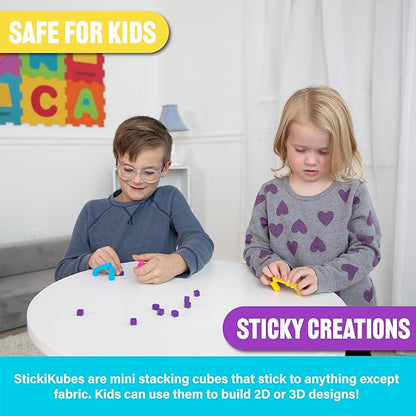 KOMARC GAMES StickiKubes, Mini Stacking Cubes That Stick to Anything, Non Toxic Kid Safe Sticky Blocks, Creative Construction Toy - 125 Cubes, 5 Neon Colors, Tub