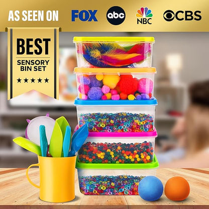 Sensory Kit for Toddlers and Kids - Includes 6 Bins with Lids, Play Tools, Sand, Feathers, Clay, Color Beads and Pom Poms Kids Box Fillers