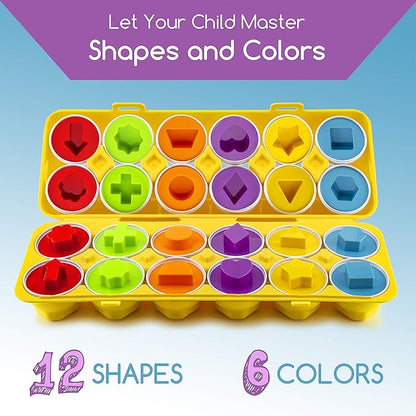 Play Brainy Shape and Color Matching Eggs – Easter Egg Toy – Educational Montessori STEM Toy for Toddlers and Preschoolers – Great for Color and Shape Recognition Development – Set of 12 Shape Eggs,